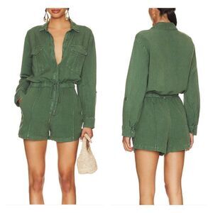 YOUNG FABULOUS & BROKE (YFB) Lakeside Linen Blend Romper, Palm Green Pigment, S
